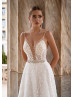 Beaded V Neck Ivory Lace Tulle Glitter Wedding Dress
